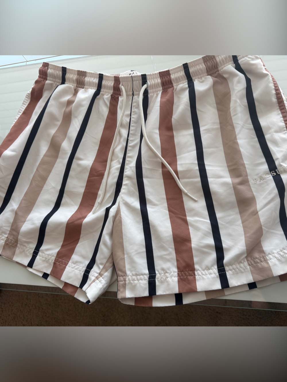 PacSun Men’s Stripe Swim Trunks - White, Brown & Navy